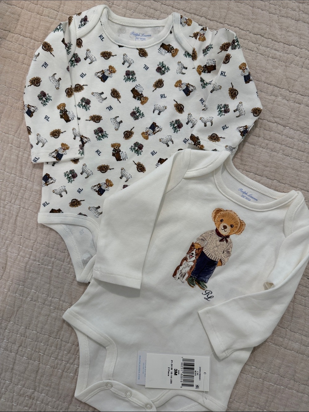 Ralph Lauren White and Cream Bear & Animal Print Baby One-Pieces (2-Pack)